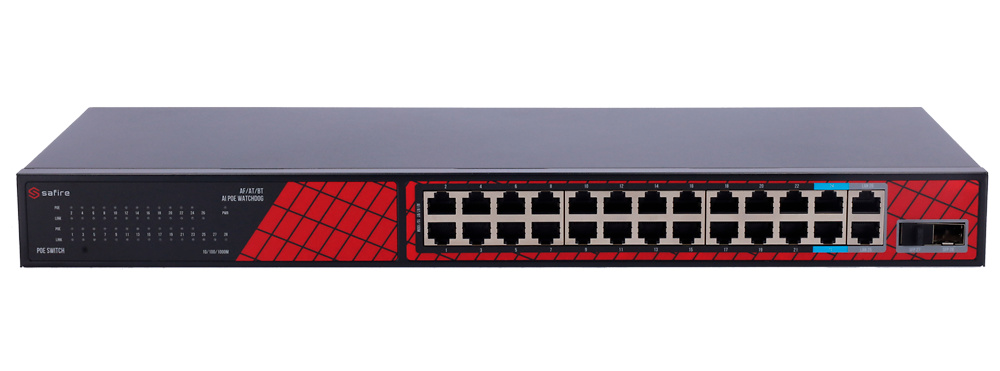 SF-SW2824HIPOE-300 | SAFIRE - Switch Hi-PoE | 24 puertos + 2 SFP Uplink + 2 Uplink RJ45 | 300W Potencia PoE total | No Gestionable 