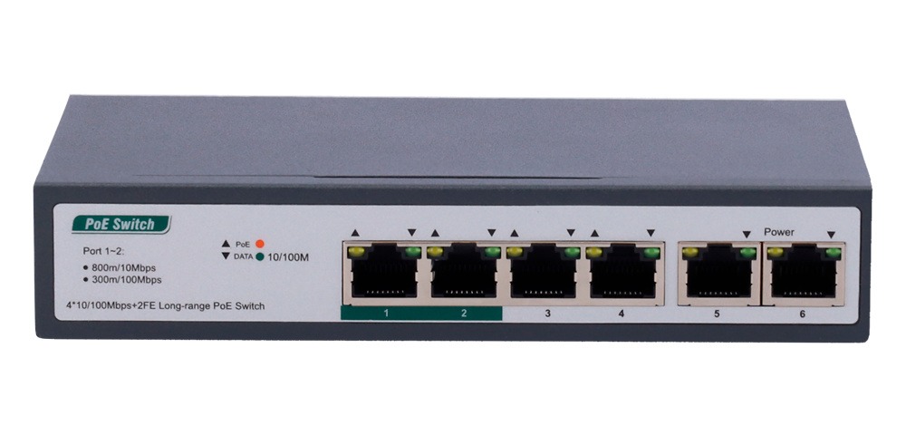 SW0604POE-800M-60W | Switch 4 puertos PoE+ RJ45 10/100 Mbps + 2 puertos RJ45 Gigabit | 60W 