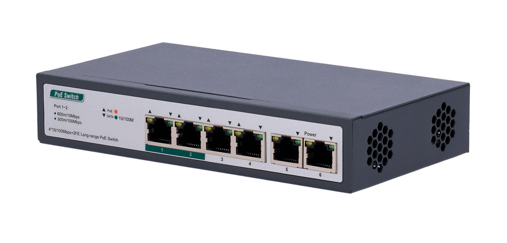SW0604POE-800M-60W | Switch 4 puertos PoE+ RJ45 10/100 Mbps + 2 puertos RJ45 Gigabit | 60W 