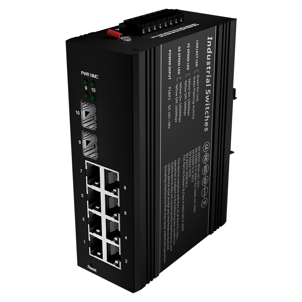 SW1008HIPOE-MGF-240-DIN  |  Switch PoE Carril DIN  |  8 Puertos Gigabit + 2 SFP Gigabit  |  90W puertos 1 y 2 / 30W puerto 3-8 / Máximo 240W