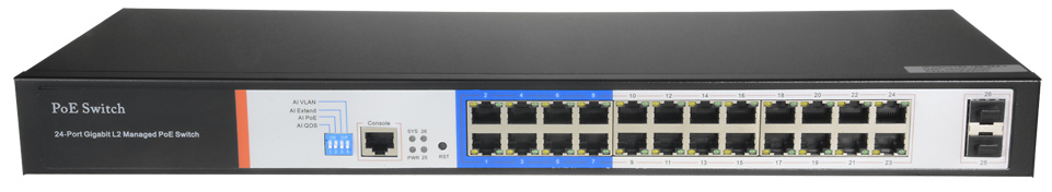 SW2624POE-MGF-250  |  Swicht PoE de 24 puertos PoE + 2 Gigabit  |   Velocidad 10/100/1000 Mbps  |  250W