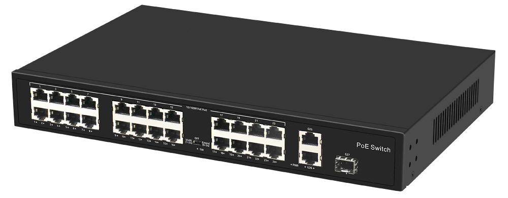 SW2724POE-F-300  |  Switch PoE No Gestionable  |  24 puertos RJ45 10/100 Mbps + 2 puertos Gigabit + 1 puertos SFP Gigabit