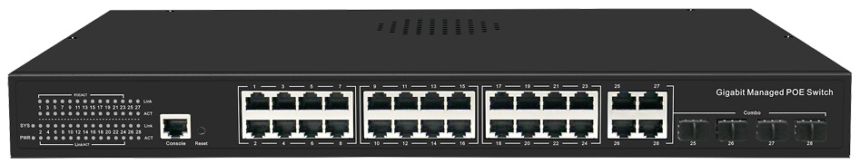 SW3224POE-MGC-300  |  Switch PoE Gestionable  |  24 puertos RJ45 Gigabit + 4 puertos RJ45 Combo Gigabit + 4 puertos SFP Combo Gigabit