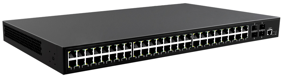 SW5248-MGF-600  |  Switch PoE Gestionable  |  48 puertos PoE + 4 Gigabit SFP  |  10/100/1000 Mbps  |  30 W por puerto 802.3af/at / Máximo 600W
