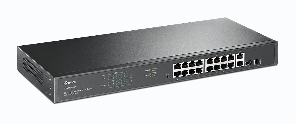 TL-SG1218MP | OMODA TP-LINK Switch TP-Link TL-SG1218MP de 16 puertos PoE+ Gigabit y 2 ranuras SFP Combo, ideal para redes profesionales y videovigilancia. Entrega total de 250W, soporte para modo Extend de 250 metros, aislamiento de tráfico, recuperación automática PoE y gestión Plug & Play sin configuración adicional