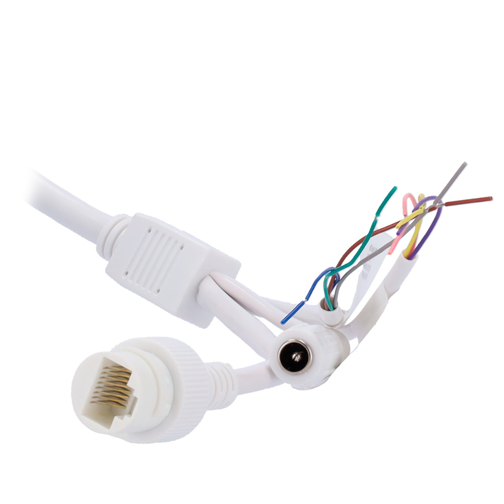 uniview-uv-ipc328ss-detalle-puertos Imagen de los conectores de red y alimentación PoE de la cámara Uniview UV-IPC328SS-ADF40K-I1, compatible con ONVIF y grabación local mediante microSD de hasta 512 GB