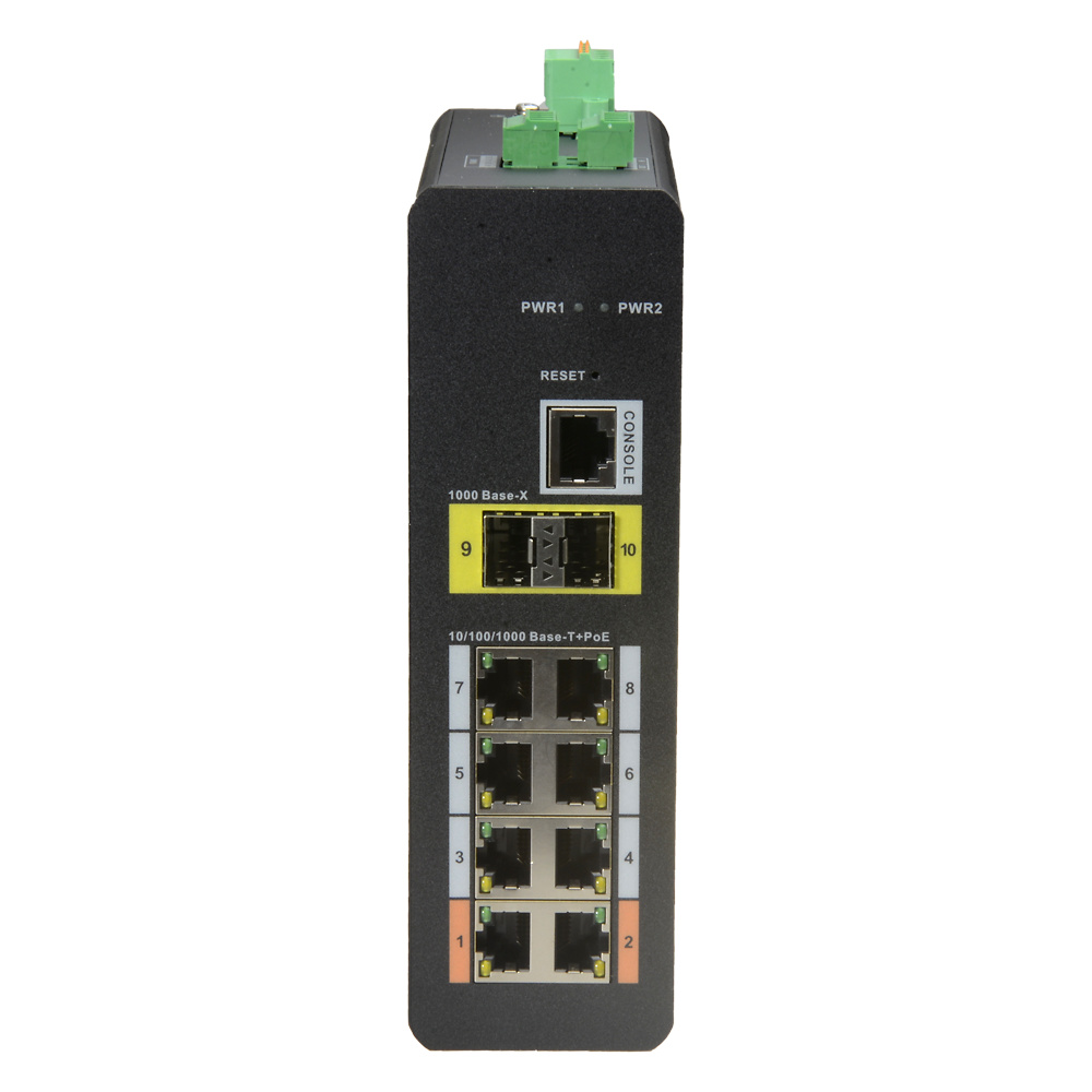 XS-SW1008HIPOE-MGF-120-DIN | X-SECURITY | 8 puertos PoE RJ45 + 2 puertos SFP de fibra | 10/100/1000 Mbps | Gestionable 