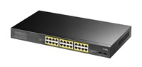 GS1028PS2  |  Switch PoE No Gestionable  |  Switch PoE+ de 24 puertos Gigabit y 2 ranuras SFP  |  Potencia 300W